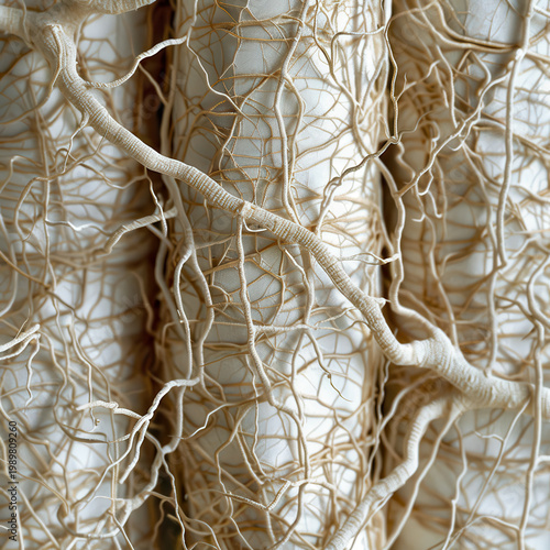 Focus on intricate root structure showing growth patterns against a plain background in natural light during the day