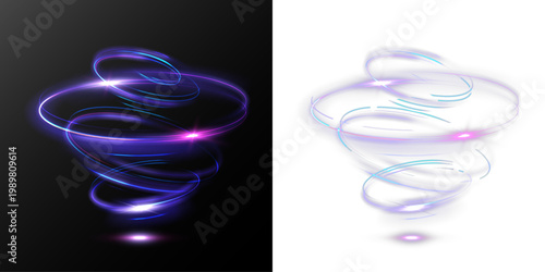 Neon Spiral Vortex Light Trails Blue Purple Glowing Energy Swirl Futuristic Effect Isolated on Transparent Background
