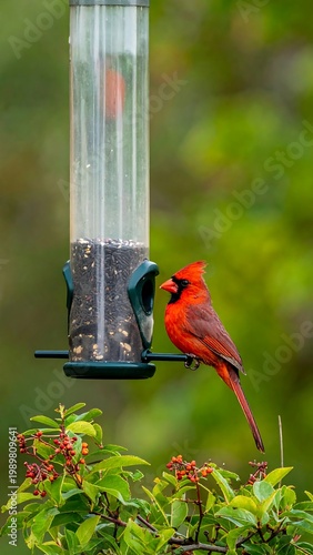 Red cardinal perched on a bird feeder, filled with seeds, green foliage backdrop