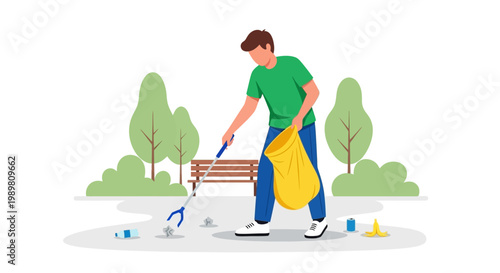 Man cleaning park with garbage picker and yellow bag