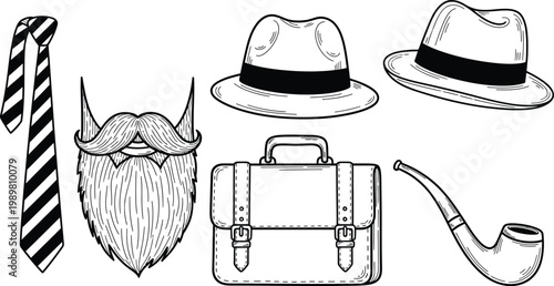 Fathers day icon set vintage dad accessories hats tie beard more