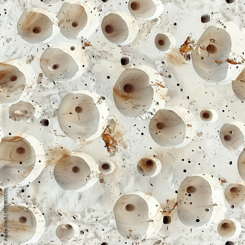 Close-up view of textured surface featuring circular openings and varied colors on a solid background during daylight