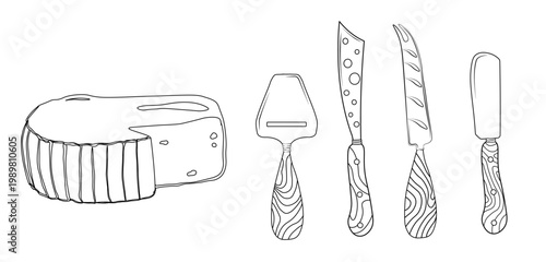 Cheese and a knife for cutting, a grater. Hand-drawn food elements. Vector illustration. Isolated on a white background.
