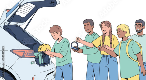 Diverse group of friends loading gear into a car for an outdoor adventure, illustrating teamwork and active lifestyle.