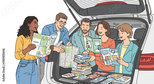 Diverse group of friends planning a road trip, looking at maps and travel guides in the trunk of a car