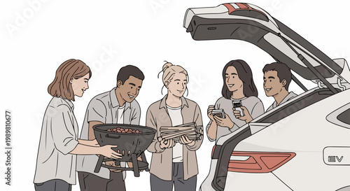 Diverse group of friends enjoying a barbecue picnic with a car at a park, celebrating summer outdoors and friendship.