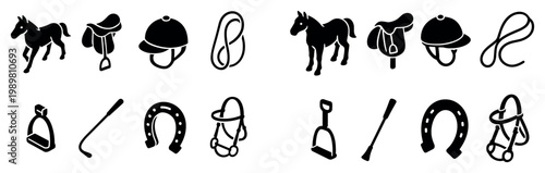 Equestrian icons with horse saddle and helmet outline