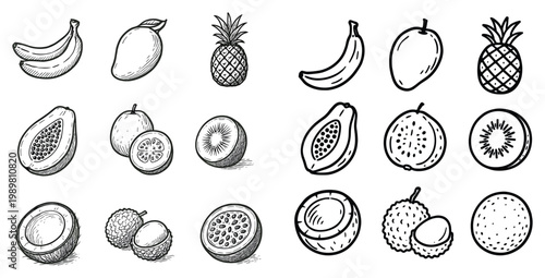 Tropical fruit icons with banana pineapple papaya sketch