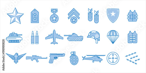 Military icon set, army equipment symbols, tank, weapon, helmet, parachute vector