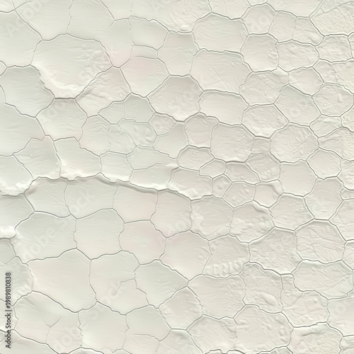 Texture of cracked white surface under bright light showing hexagonal shapes and patterns during daytime
