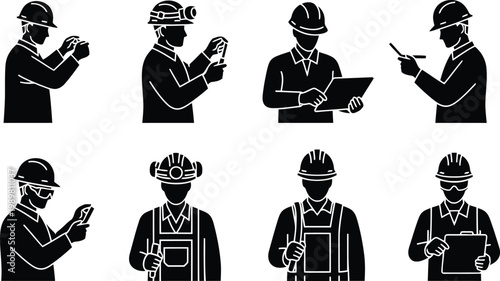 Construction workers and engineers silhouettes set with helmets, tools, tablet, clipboard, inspection, mining, industrial safety vector icons