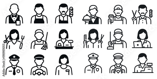 Professional icons with waiter chef police outline