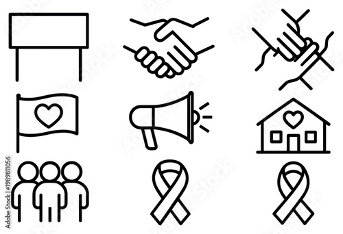 Community care icons with handshake heart house minimal