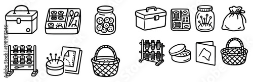 Sewing icons with box jar pincushion minimal