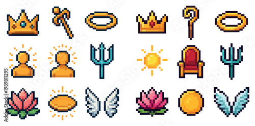 Fantasy icons with crown trident wings pixel