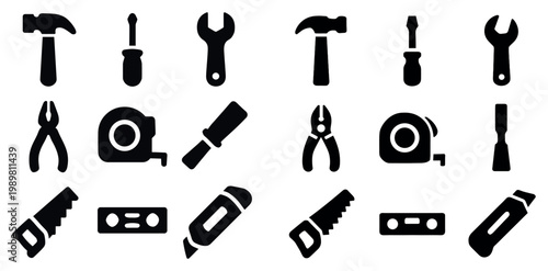 Tools icons with hammer wrench screwdriver solid silhouette