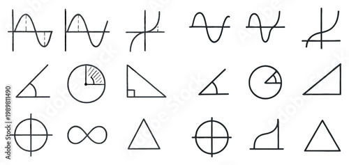 Math icons with graph triangle circle outline
