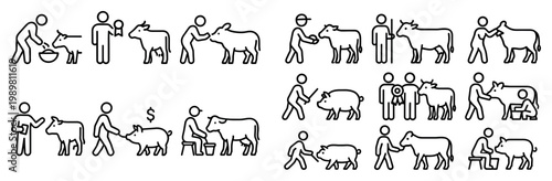 Farm icons with farmer cow pig outline