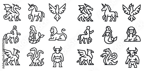 Fantasy icons with dragon unicorn phoenix outline