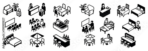 Hospitality icons with bed table chair minimal