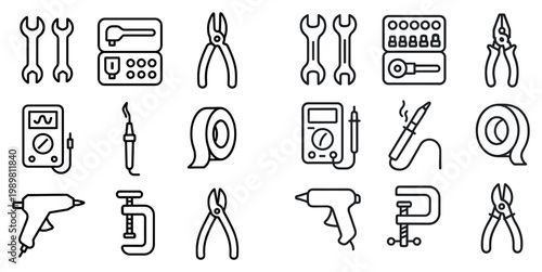 Tools icons with wrench screwdriver pliers outline