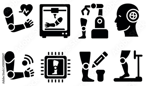 Prosthetic tech icons with arm leg robot solid