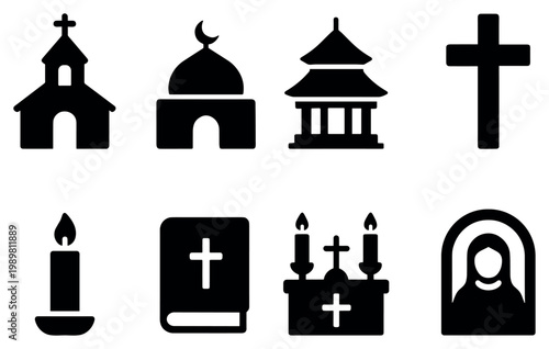 Religion icons with church mosque temple minimal