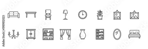 Home decor line icon set. Minimalist home decor icons with transparent backgrounds. Vector illustration.