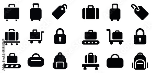 Travel icons with suit case tag lock flat