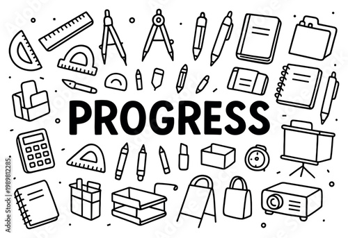 Progress icons with ruler compass pen outline