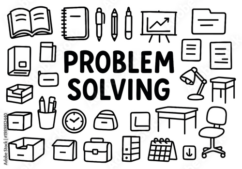 Problem solving icons with book desk and clock hand drawn