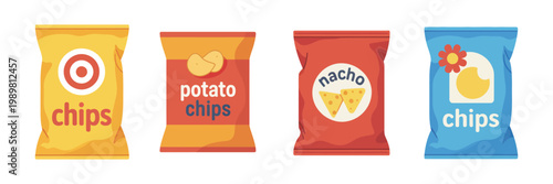 Set of colorful potato chips cartoon vector illustration, snack variety with flavored chips and dipping sauces