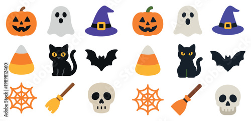 Halloween icons with pumpkin ghost witch hat playful