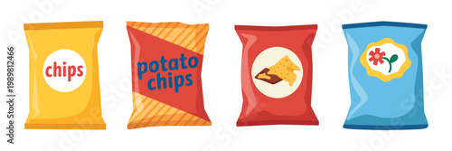 Set of colorful potato chips cartoon vector illustration, snack variety with flavored chips and dipping sauces