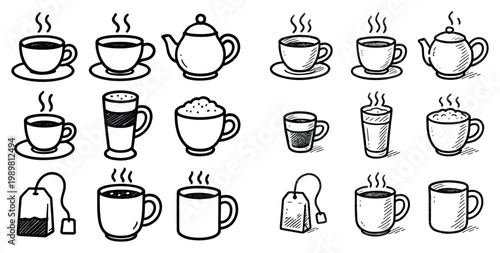 Beverage icons with cup teapot mug handdrawn
