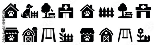 Animal care icons with house barn swing outline