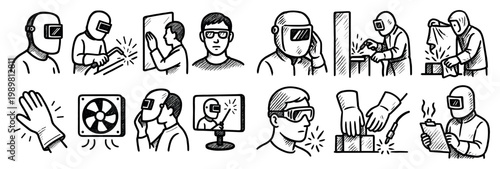 Industrial icons with welder glove helmet sketch