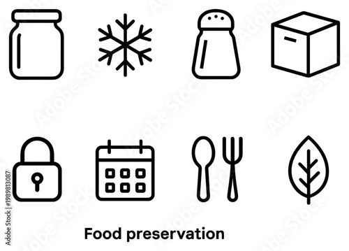 Food preservation icons with jar salt calendar outline