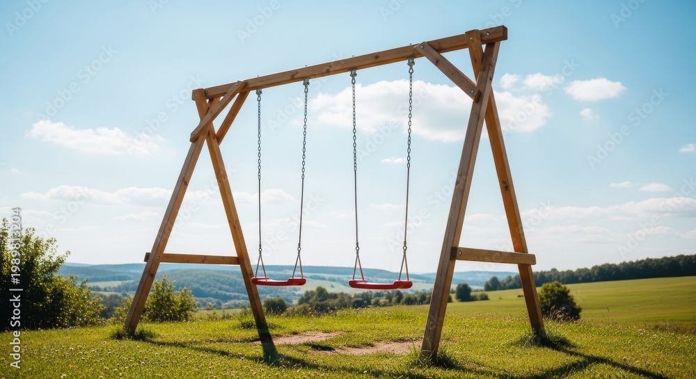 Fototapeta premium Wooden Swing Set in Sunny Meadow Landscape