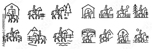 Equestrian icons with horse rider barn outline