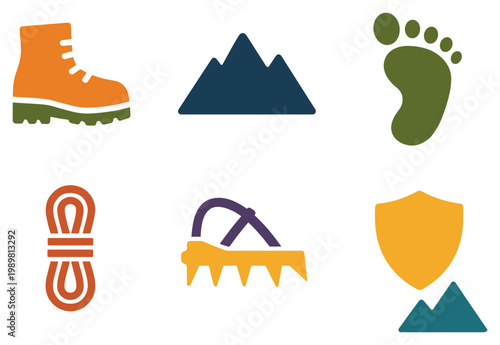 Hiking icons with boot mountain footprint flat