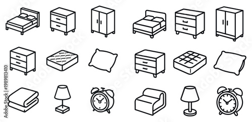 Bedroom icons with bed nightstand wardrobe outline