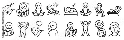 Wellness icons with meditation sleep reading outline