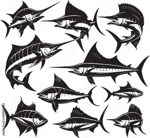 Marlin swordfish illustration in black clipart style blue marlin vector fisherman logo fishing 