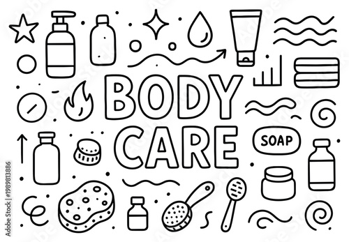 Body care icons with soap sponge pump outline