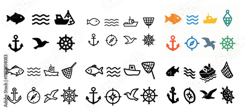 Nautical icons set: boats, anchors, fish, birds