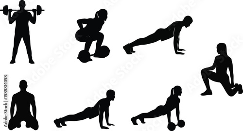 Fitness workout silhouettes set featuring strength training exercises, bodyweight routines, and gym activities for healthy lifestyle illustration