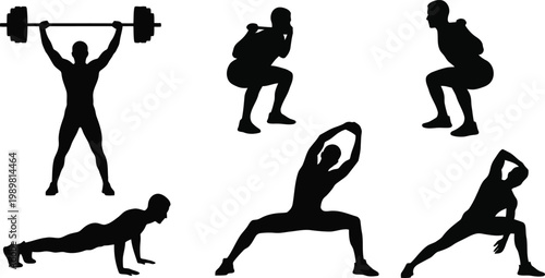 Fitness workout silhouettes set showing weightlifting squats push ups stretching and strength training exercises isolated vector illustration