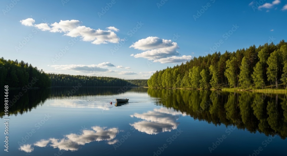 Obraz premium Serene Summer Lake Reflecting Deep Blue Sky and Clouds