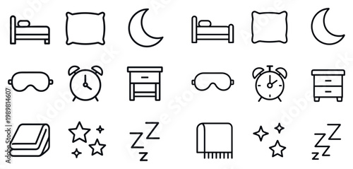 Sleep icons with bed pillow moon outline